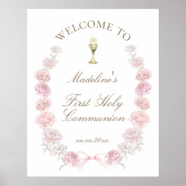 Poster Primeira Comunhão peônias rosa bem-vindo