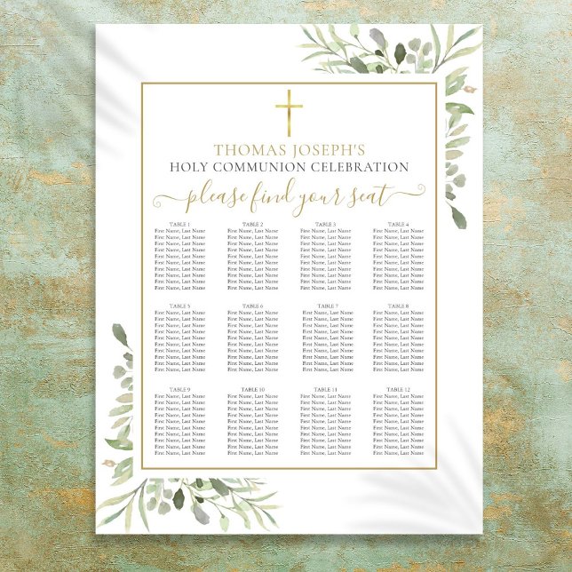 Poster Primeira Comunhão Quadro de Assentos Verde Folhage (First Holy Communion Greenery Gold Seating Chart)