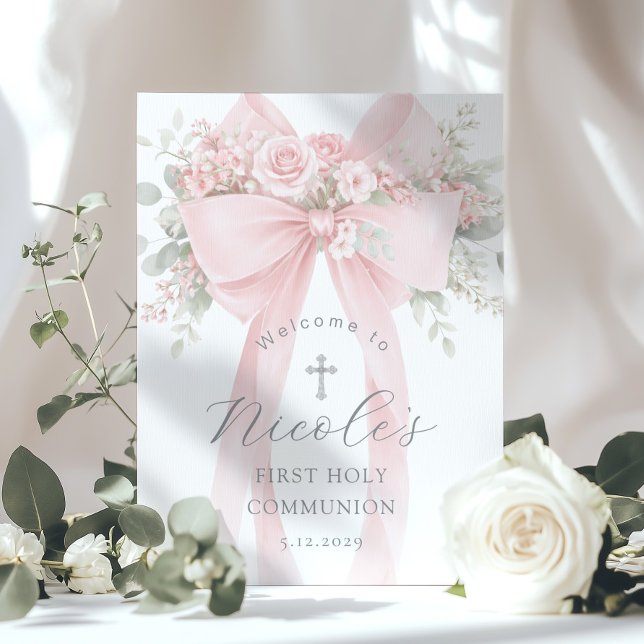 Poster Primeira Comunhão Solene Floral Rosa Bem-Vindo (Criador carregado)