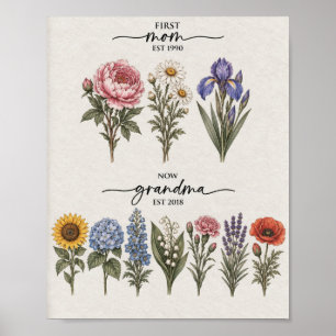 Poster Primeira Mãe Para Avó Rosa e Azul Flor de Nascimen