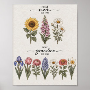 Poster Primeira Mãe Para Avó Vermelha e Azul Flor de Nasc