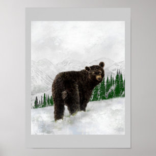 Pôster Primeira queda de neve Urso Negro Selvagem