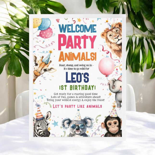 Poster Primeiro aniversario de animais de festa divertida (Fun Party Animals 1st birthday Welcome Poster)