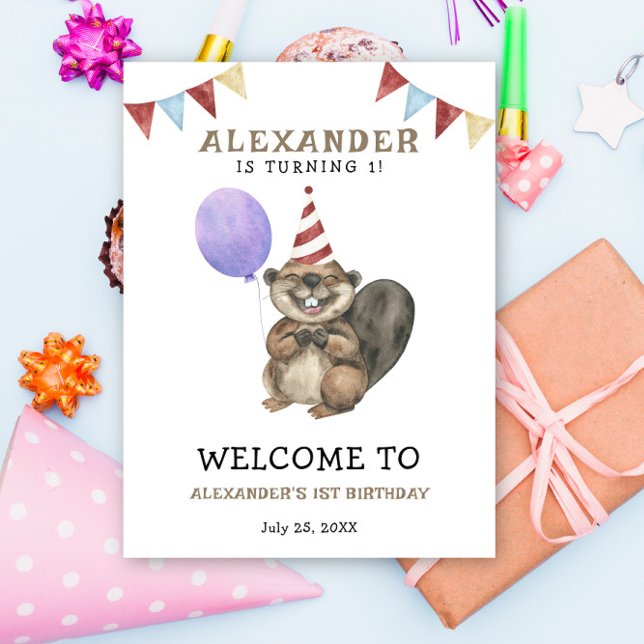 Poster Primeiro aniversario de castor de Cubo de Aquarela (Criador carregado)