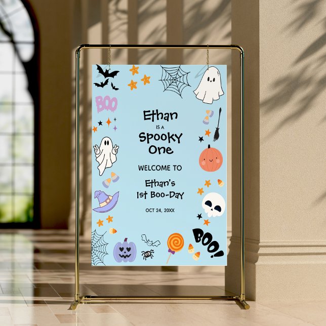 Poster Primeiro aniversario de Dia das Bruxas Azul Spooky (Blue Spooky One Cute Ghost Halloween 1st Birthday Welcome Sign )