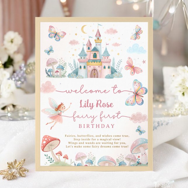 Poster Primeiro aniversario de fada branca, boas-vindas (Whimsical Fairy 1st Birthday Party Magical Welcome Poster)