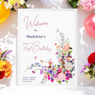 Poster Primeiro aniversario de script de flores silvestre