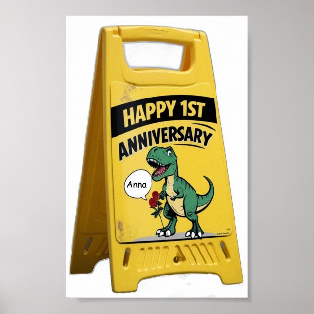 Poster Primeiro aniversário do T-rex com rosas (Frente)