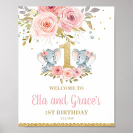 Poster Primeiro aniversario Floral Elefant Twin Girls