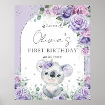 Primeiro aniversario Roxo Lilac Floral Cute Koala