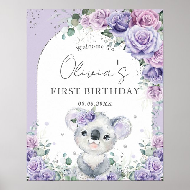 Poster Primeiro aniversario Roxo Lilac Floral Cute Koala (Frente)