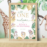 Poster Primeiro aniversario Selvagem Safari Animal Bem-vi<br><div class="desc">Ouro bonito e selva verde & safari com o tema "Wild One" primeiro aniversario de boas-vindas ao poster com animais selvagens e folhas tropicais,  com o padrão de ouro e folha verde no verso.</div>