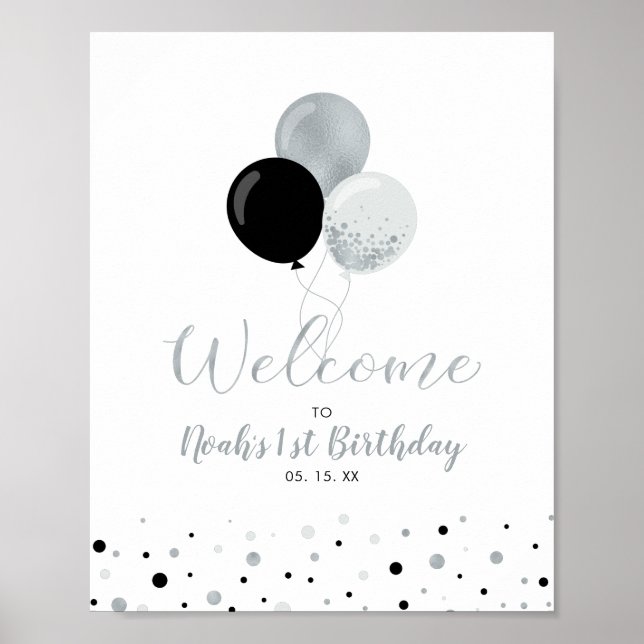 Poster Primeiro aniversario Silver & Black Balloons Boy W (Frente)