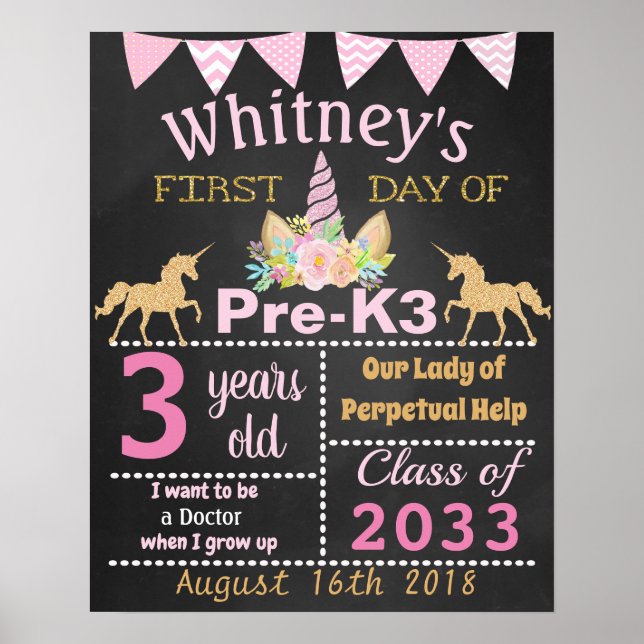Poster Primeiro dia da escola pré-k Unicorn (Frente)