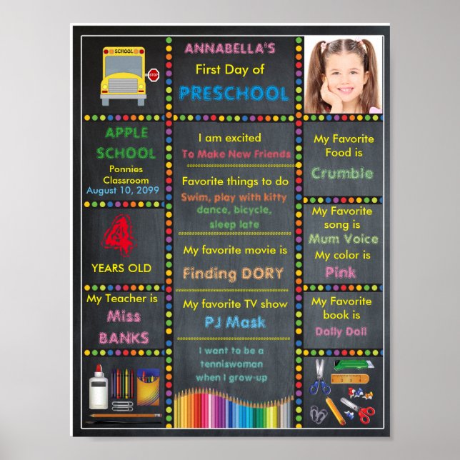 Pôster Primeiro dia da pré-escola, foto de placa de quadr (Frente)