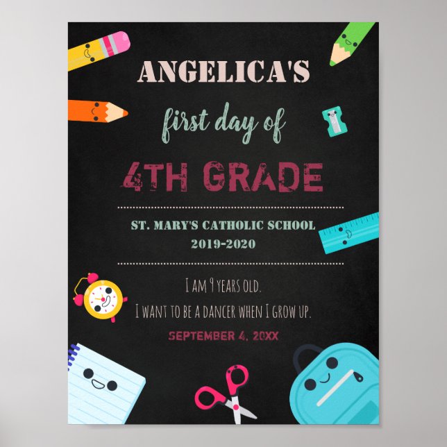 Poster primeiro dia de aula de placas de chalkboard (Frente)