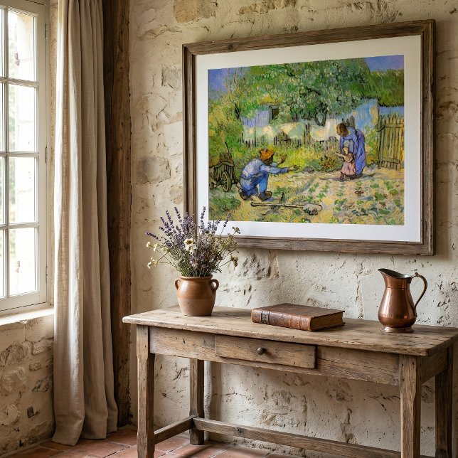 Pôster Primeiros Passos (após Millet) por Vincent van Gog (First Steps (after Millet) by Vincent van Gogh is a post impressionism daily life painting.)
