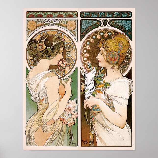 Poster Primroses e Penas, Mucha (Frente)