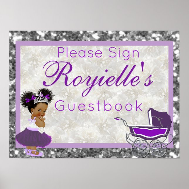Poster Princesa Africana|Guestbook Roxo e Silver Glitter (Frente)