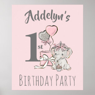 Poster Princesa Bebê Elefante Menina Rosa Cinza 1º Aniver