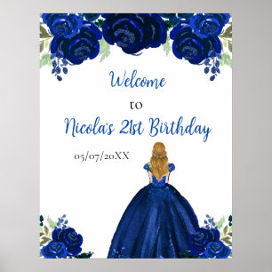 Poster Princesa de Cabelo Loiro Marinho Floral Aniversári
