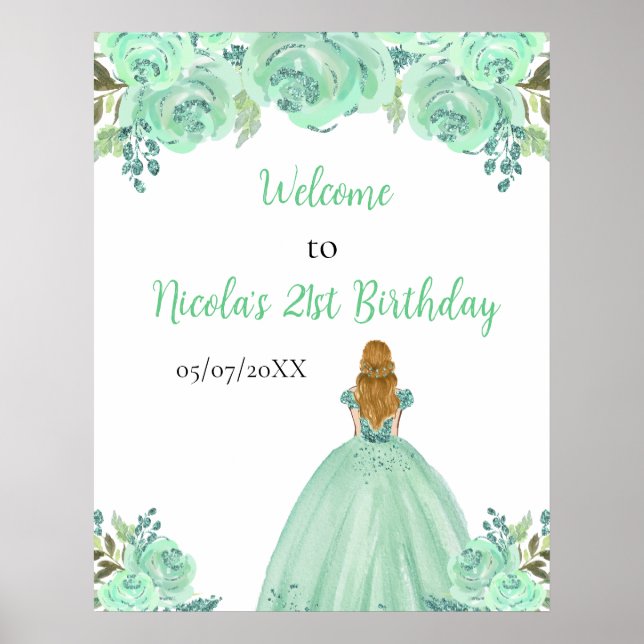 Poster Princesa de Cabelo Loiro Menta Floral Boas-Vindas  (Frente)