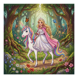 Pôster Princesa de desenho animado montando no unicórnio