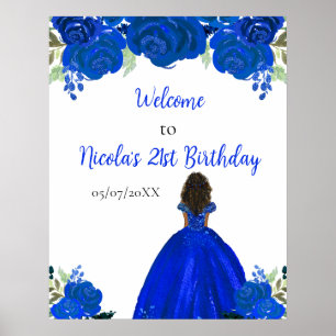 Poster Princesa de Pele Escuro Floral Azul Aniversário Be
