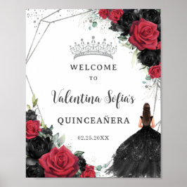Poster Princesa Floral Negra e Vermelha Quinceañera Bem-v