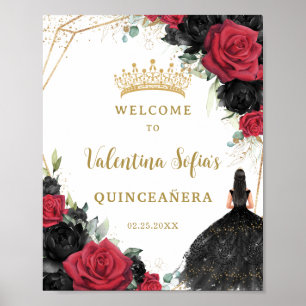 Poster Princesa Floral Negra e Vermelha Quinceañera Bem-v