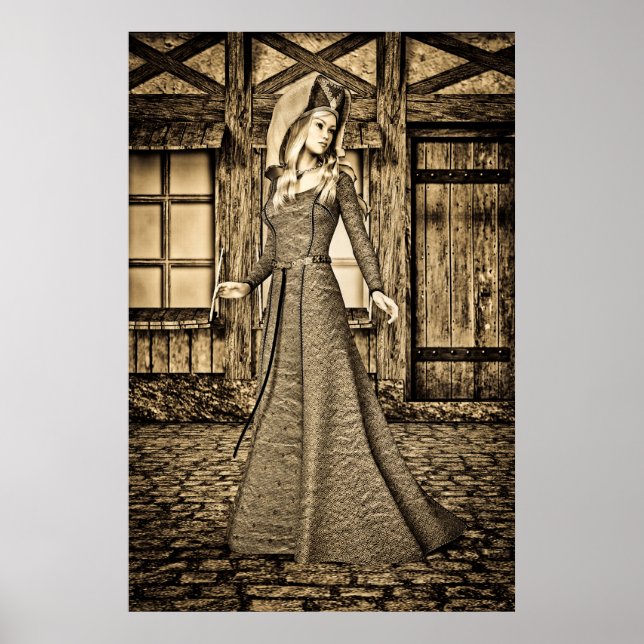 Poster Princesa Medieval Sépia Arte Renascentista (Frente)