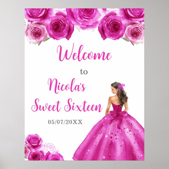 Poster Princesa no Vestido Rosa Quente Doce Dezesseis Bem (Frente)