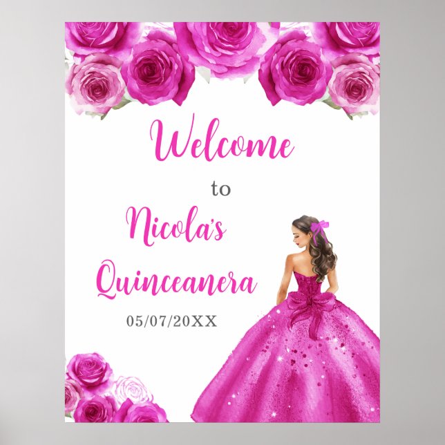 Poster Princesa no Vestido Rosa Quente Quinceanera Bem-vi (Frente)
