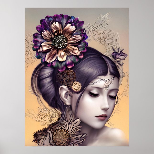 Poster Princesa Steampunk com Flor Colorido de Cobre (Frente)