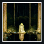 Poster Princesa Tuvstarr<br><div class="desc">Princesa Tuvstarr com cabelos longos,  loiros e ondulantes sentados na floresta,  olhando para baixo para seu reflexo nas águas escuras. Linda aquarela de John Bauer. Ilustração para o conto folclórico sueco "A história de Skutt,  a alce e a pequena Princesa Tuvstarr",  escrito por Helge Kjellin em 1913.</div>