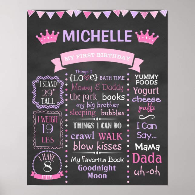 Poster Princess First Birthday Chalkboard (Frente)