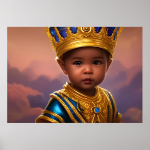 Poster Príncipe lindo bebê menino coroa dourada azul étni