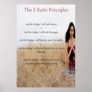 Poster Princípios de Reiki com mulher Meditating