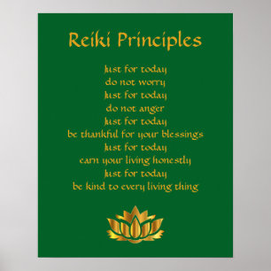 Poster Princípios de Reiki Lótus Dourado e Verde