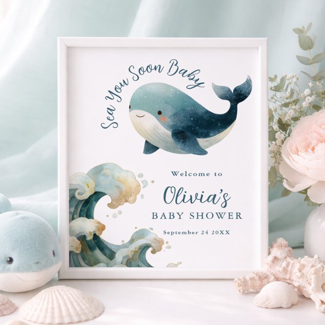Poster Printable Sea You Soon Whale Baby Shower White (Criador carregado)