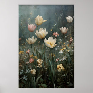 Poster Printable Tulips Wall Art, Antique Spring Meadow