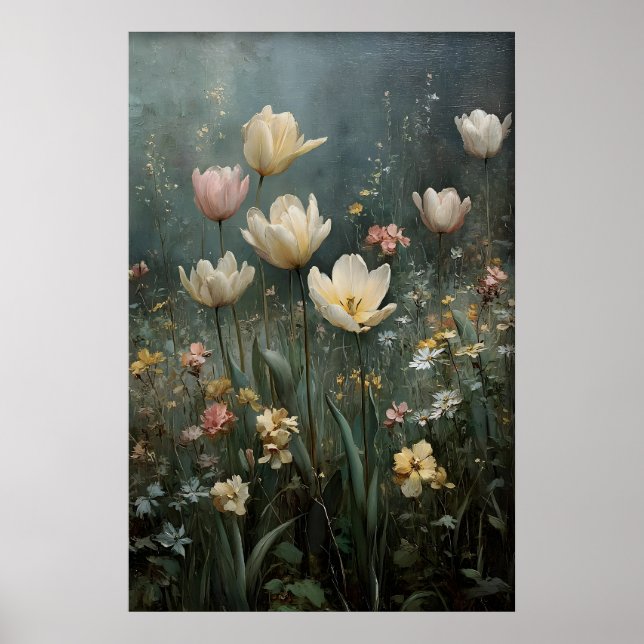 Poster Printable Tulips Wall Art, Antique Spring Meadow (Frente)