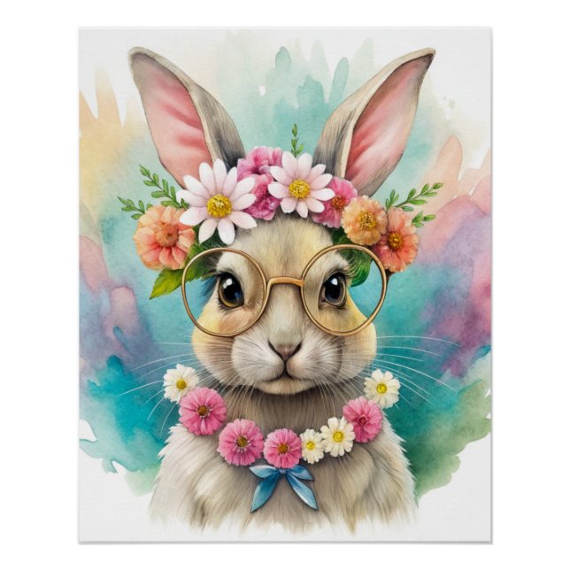 Pôster Printable Watercolor Cute Rabbit Wall Poster Art (Frente)