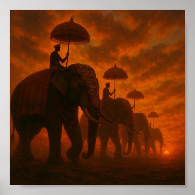 Poster Procissão Elefante Majestosa - Silhueta Sunset (Frente)
