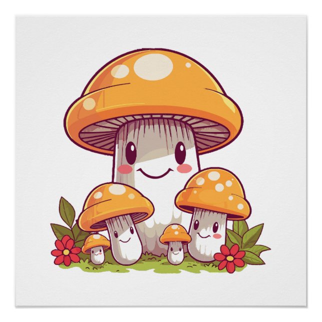 Pôster Procurando cogumelos, estilo kawaii feliz (Frente)