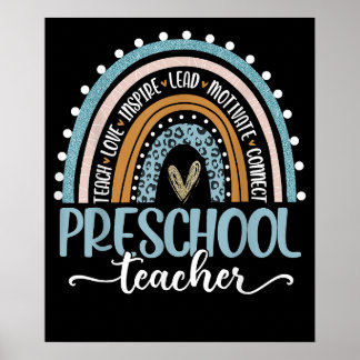 Poster Professora Da Pré-Escola Leopard Rainbow Volta À E