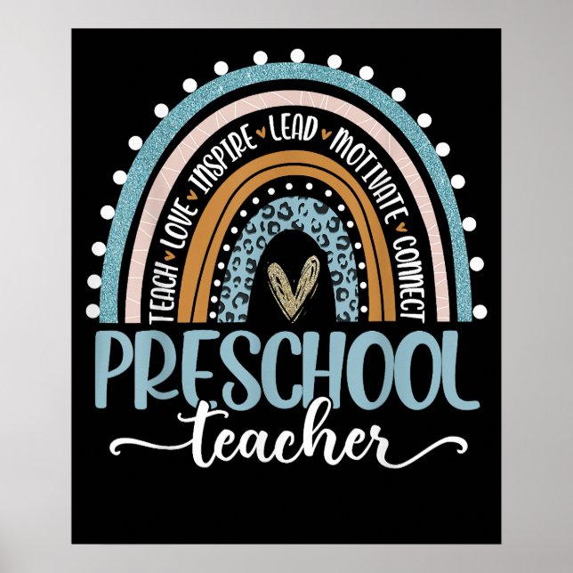 Poster Professora Da Pré-Escola Leopard Rainbow Volta À E (Frente)