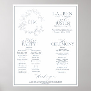 Poster Programa Casamento Dusty Blue Leafy Crest Monogram