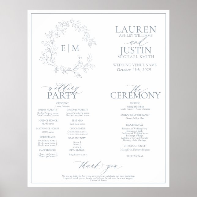Poster Programa Casamento Dusty Blue Leafy Crest Monogram (Frente)