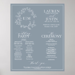 Poster Programa Casamento Dusty Blue Leafy Crest Monogram